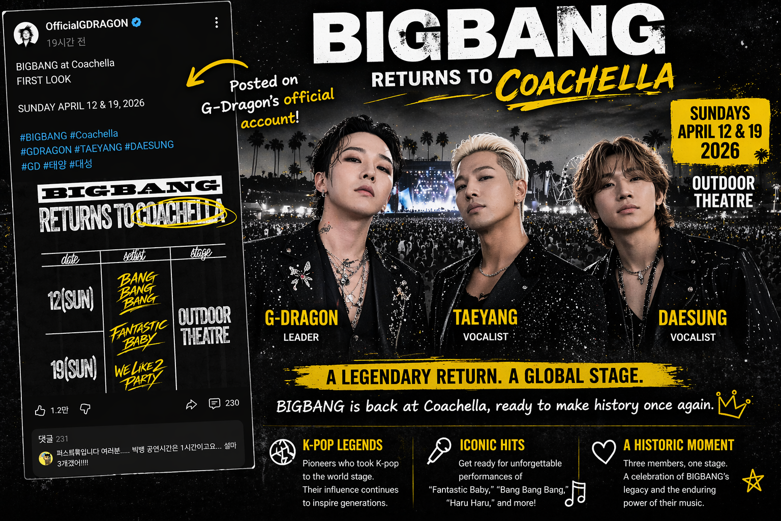 BIGBANG returns to Coachella 2026: G-Dragon, Taeyang, and Daesung featured in an official announcement visual shared on social media.